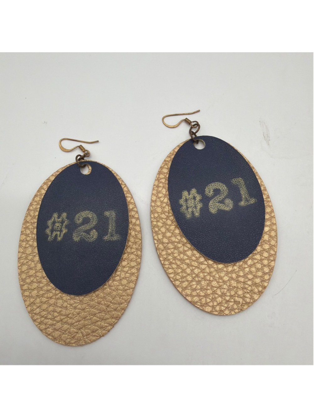 Handmade Gold & Navy Blue #21 Oval Drop Earrings